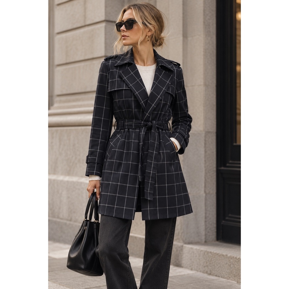 Tommy Hilfiger Navy Plaid Trench Coat Windowpane Belted Jacket Size 8